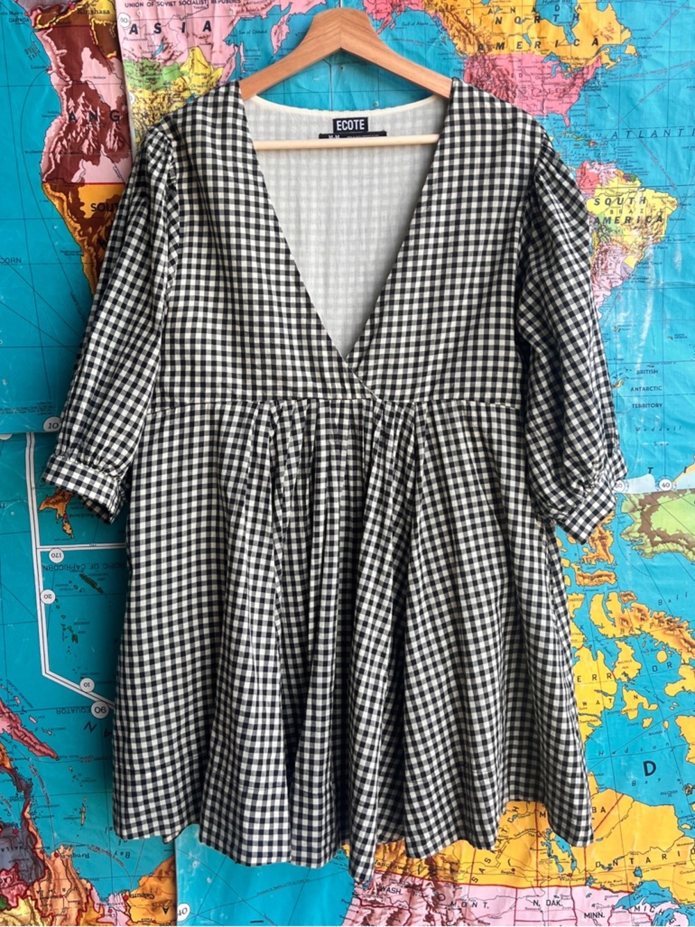 Ecote Black and White Gingham V-Neck Mini Dress